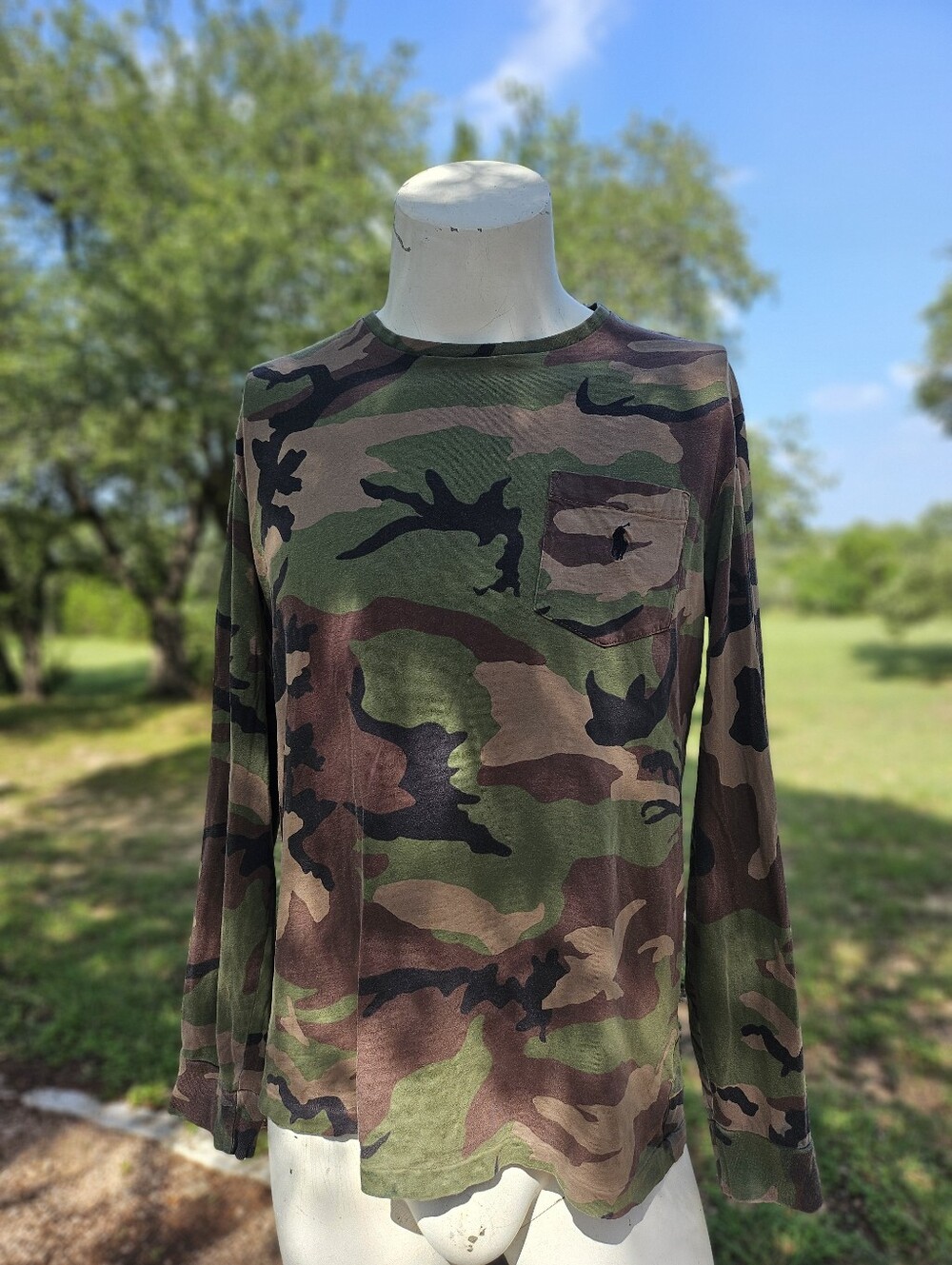 Polo Ralph Lauren Camo Long Sleeve Cotton Pocket Tee - Green/Brown Size M